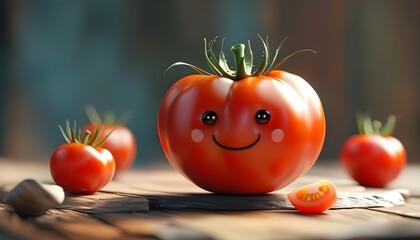 Adorable cartoon tomato character with a playful design on a vibrant cutout backdrop