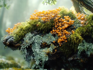 Canvas Print - Enchanted Forest: Moss Covered Log with Golden Mushrooms