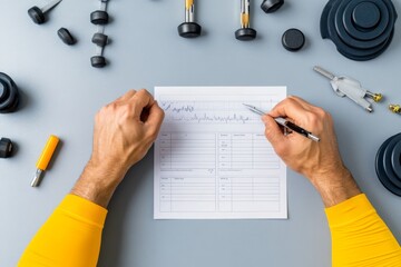 A person preparing a workout schedule, planning fitness routines and setting health goals