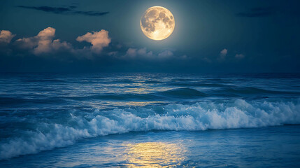 Wall Mural - Full moon over a calm ocean with waves breaking on the shore.