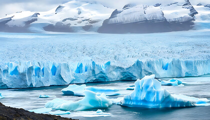 Stunning view of icebergs and ocean, glacier and sea waves.