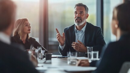 Poster - Confident Leadership in a Boardroom: A seasoned businessman addresses a group of colleagues, his passionate delivery and engaged audience suggesting a lively and important discussion. The image exudes