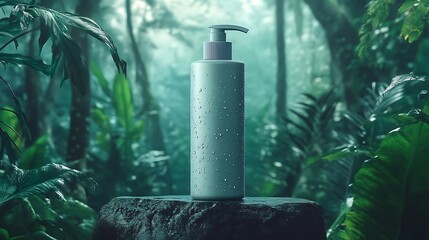 Canvas Print - Natural Beauty Product Bottle with Water Drops in Tropical Rainforest