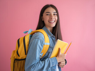 Smiling student with backpack by pink wall