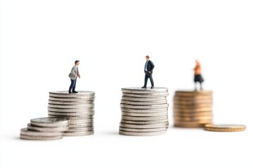 miniature business people standing on top of stacks of coins