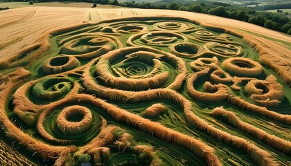 Wall Mural - Aerial Exploration of Intricate Crop Circle Patterns Showcasing Mystery and Unusual Formations