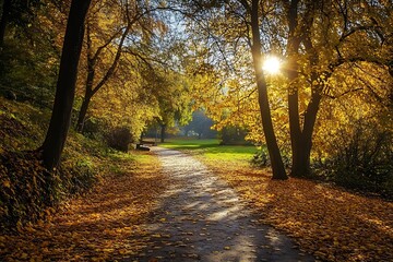 Canvas Print - Golden Autumn Pathway in the Woods with Sun Shining Through the Trees