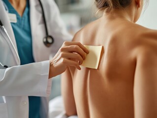 a healthcare professional applies a diagnostic patch on the back of a patient in a clinical setting,