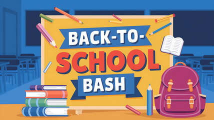 Bright yellow sign with red and blue text,  Back to School Bash,  for an exciting school event. 
