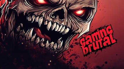 illustration gaming mascot, skull monster head logo, text ''gaming brutal