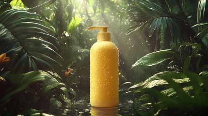 Poster - Yellow Bottle Mockup in Lush Rainforest with Water Droplets