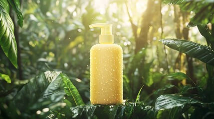 Poster - Yellow Pump Bottle with Water Drops in Lush Green Tropical Foliage