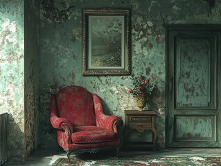 Wall Mural - Vintage Interior with Red Chair and Flowers