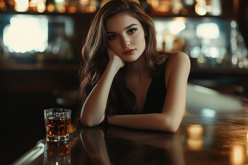 Wall Mural - A beautiful young woman sits at the bar counter, a glass of whiskey on the table. Her long hair