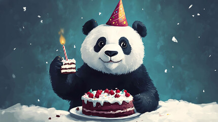 A cute panda in a birthday hat, eating birthday cake.