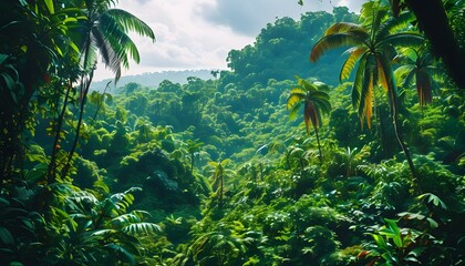 Vibrant tropical rainforest alive with diverse flora and fauna, illustrating natures intricate beauty and rich biodiversity