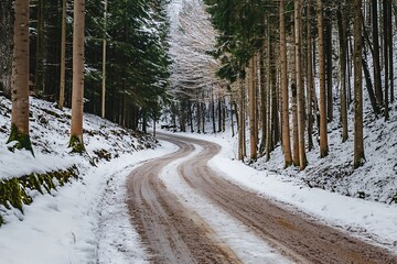 Poster - Winding Snow Covered Road through Forest in Winter