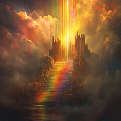 Wall Mural - a biblically accurate visual of God's throne but make it slightly abstract and extremely beautiful, realistic, include rainbows and lots of color and NO CLOUDS