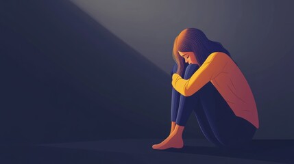 Expression cartoon illustration of a woman sitting because of stress sadness depression because of life problems background wallpaper AI generated image