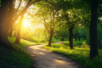 Canvas Print - Sunset in a green forest with a pathway