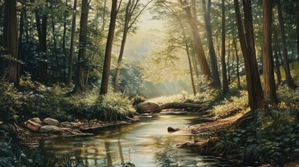 Canvas Print - Sunbeams Through a Forest Stream