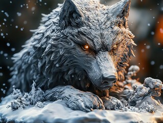 Sticker - Fierce Wolf in Winter Snow: A Digital Sculpture