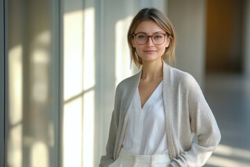 Young professional woman smiling in modern office building