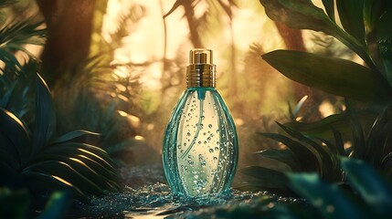 Canvas Print - Perfume Bottle with Tropical Leaves and Golden Light