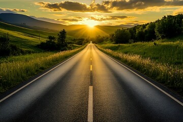 Poster - Open road at sunset with mountains and green fields in the distance. Concept of adventure, travel, freedom, and new beginnings.