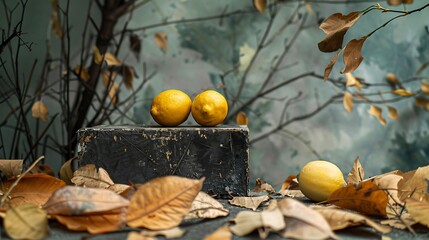 Wall Mural - Side view of an iron block with dried leaves and new lemons set on an arboreal backdrop