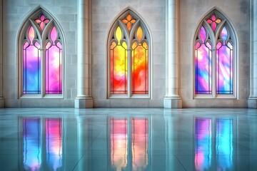 Wall Mural - Backdrop stained glass gothic church windows reflecting light on stone floor.