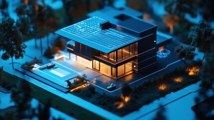 Wall Mural - Modern House Model with Solar Panels and Illuminated Landscape