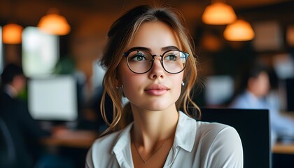 Focused young woman in glasses working diligently in office environment