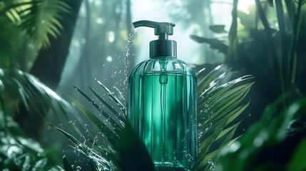 Poster - Green Glass Bottle with Pump Dispenser in Lush Tropical Rainforest