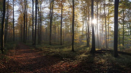  Golden sunlight illuminates a misty forest path, A serene forest scene at sunrise with tall trees and lush greenery.