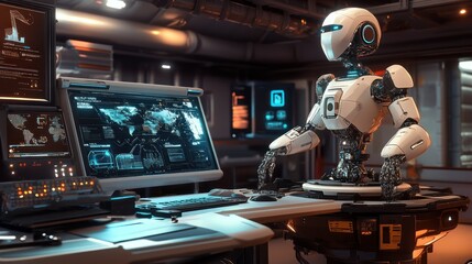 Canvas Print - White humanoid robot working at a futuristic computer desk