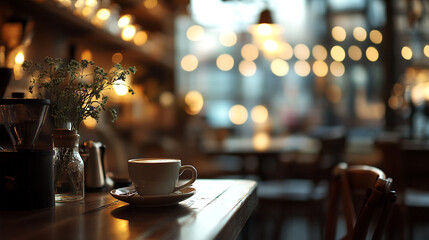 Hot fresh coffee on empty cafe table background, A Warm Brew Haven