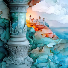 Wall Mural - Abstract Watercolor Painting of a Lighthouse on a Coastline