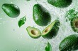 © Minerva Studio - Fresh green avocado halves and whole fruits falling in water splash on green background