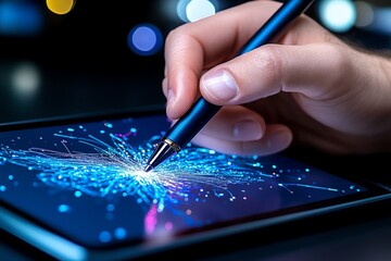 A close-up of a hand holding a digital pen, working on a tablet with precision, symbolizing creative technology