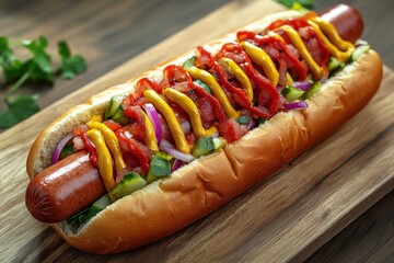 Delicious hot dog lying on wooden cutting board