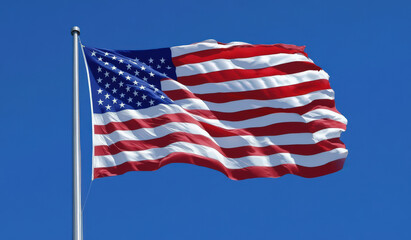 American Flag Waving in Blue Sky