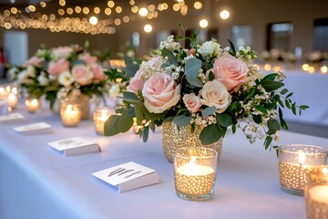 A table set for the wedding reception, with name cards, flowers, and candles creating a romantic atmosphere