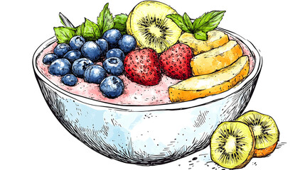 Hand drawn illustration of a delicious smoothie bowl with fresh fruit.