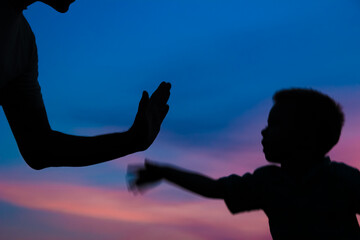 Poster - Happy parent with children playing on nature summer silhouette