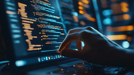 A hand interacts with a computer screen displaying code in a dark, tech-focused environment.