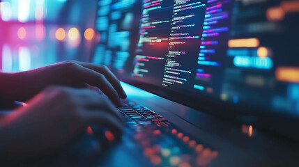 Close-up of hands typing code on a laptop keyboard.