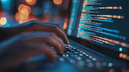 Close-up of hands typing code on a laptop.