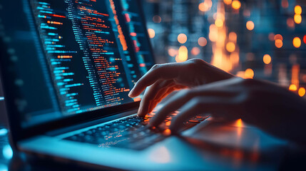 A close-up of a hand typing code on a laptop.