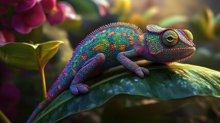 Sticker - A Multicolored Chameleon Perched on a Green Leaf